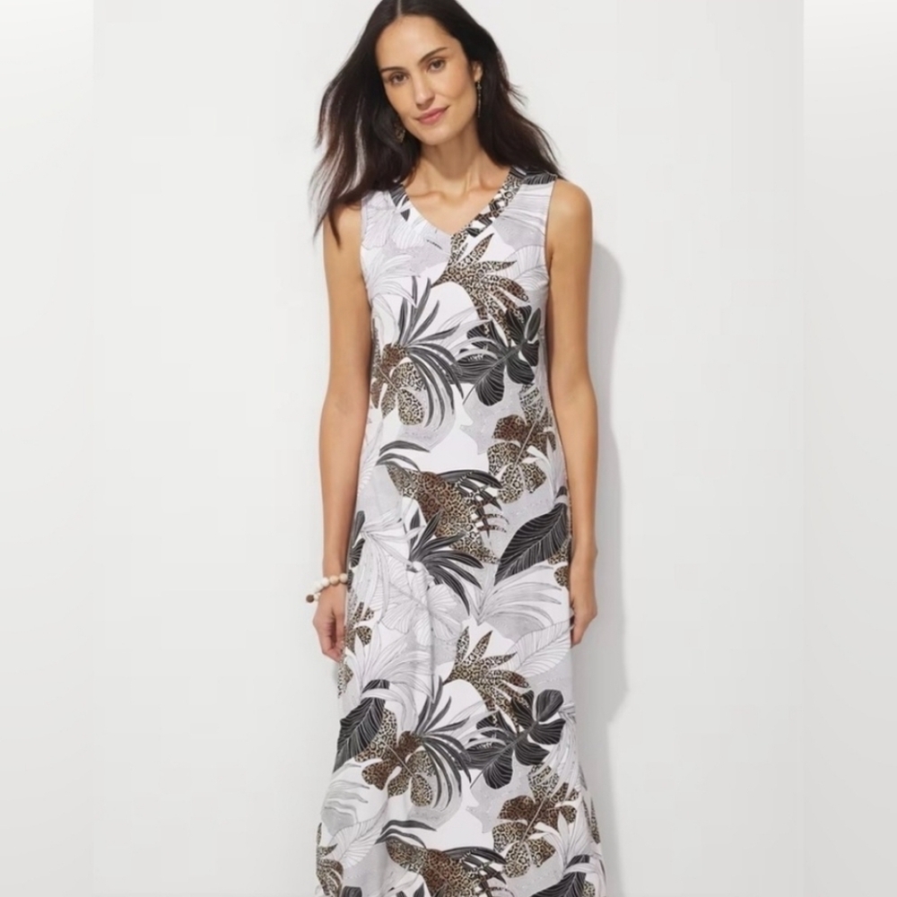 Chico’s Palm Print Stretch Maxi Dress Black Tan Sleeveless Size 8/10 - Picture 8 of 8
